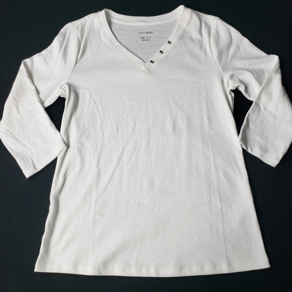 Sport Savvy White Interlock Metal Grommets V-Neck 3/4 Sleeve Top XXS